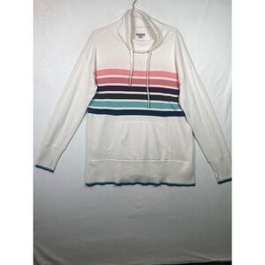 T by Talbots Funnel Neck Stripe Sweater White Multicolor Thumb Holes Size L